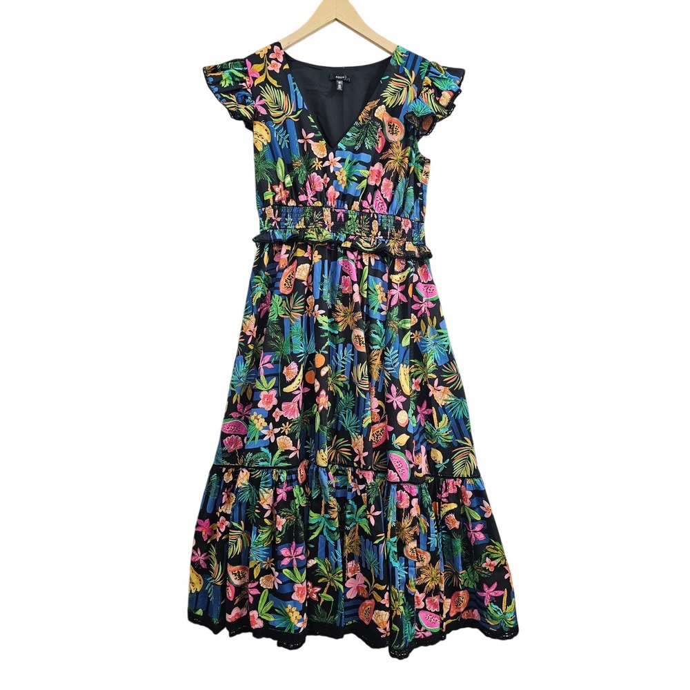 AQUA Tropical Floral Midi Dress Large 100% Cotton Black Multi Tiered Smocked L